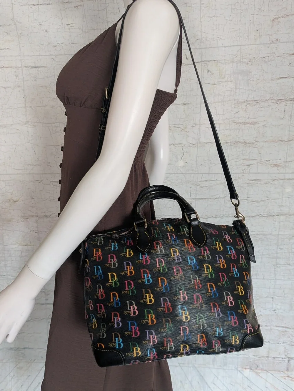 Dooney & Bourke Black Satchel with Multicolor DB Logo Print